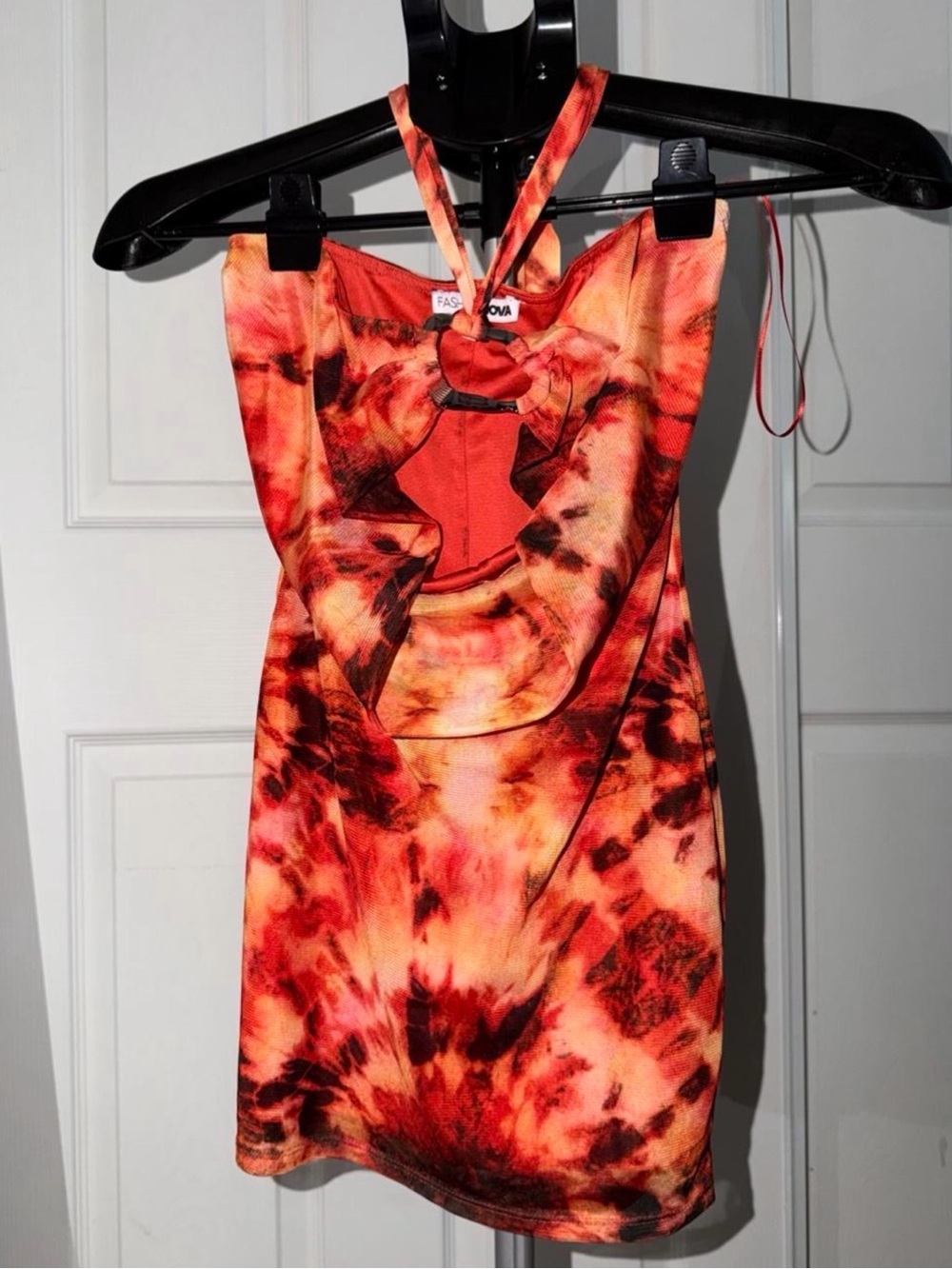 fashion nova sunset tie-dye cowl neck halter mini dress